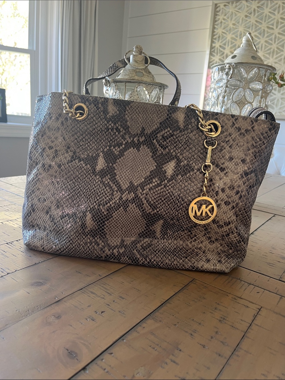 Michael Kors Brown Snake-Print Tote with Gold MK Charm